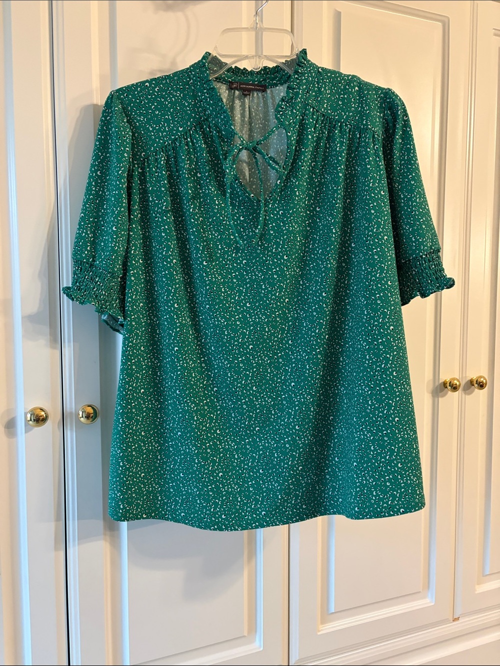 Adrianna Papell Teal Green Dotted Tie-Front Peasant Blouse